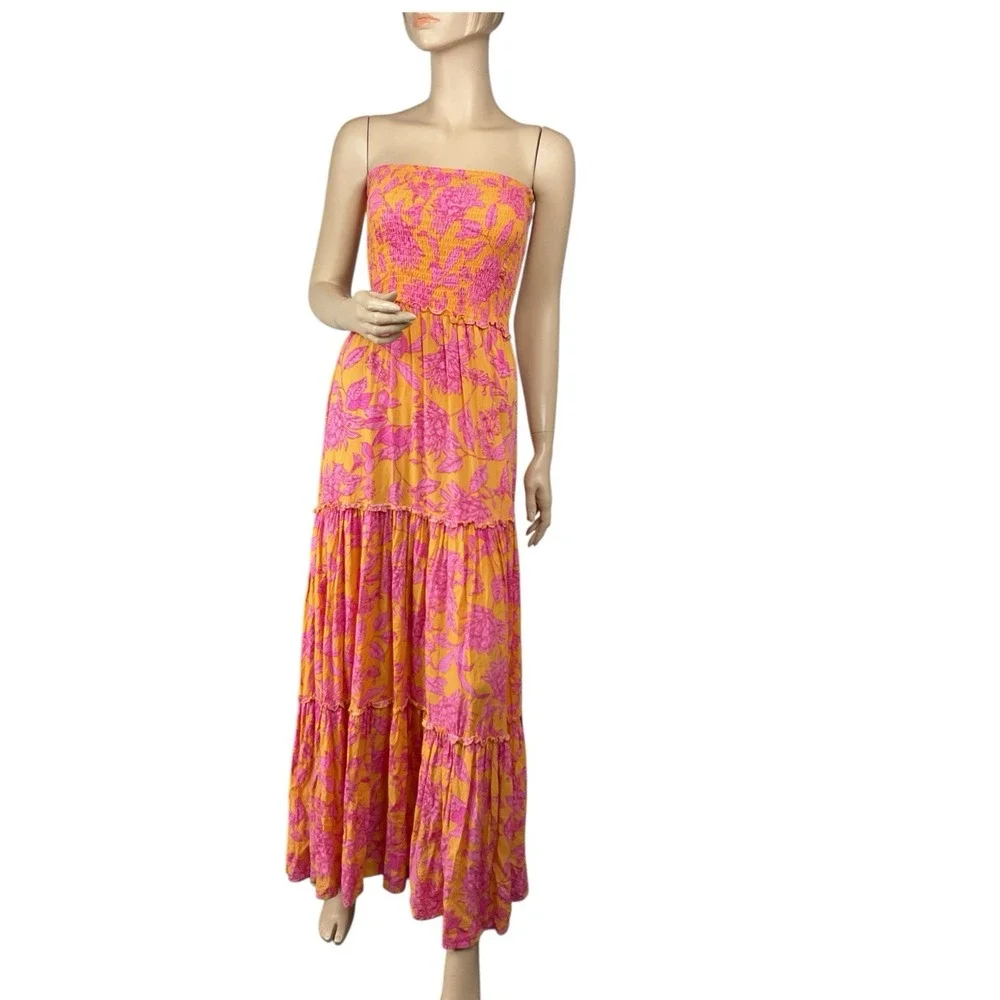 Abel The Label ATL‎ Strapless Tiered Maxi Dress Smocked Bodice Floral Hippie